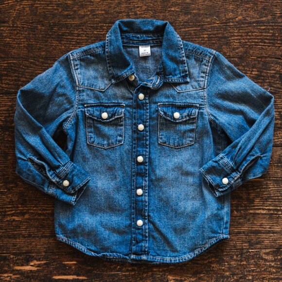 Blue Denim Pearl Snaps Button Up Shirt: 3T - Picture 2 of 5